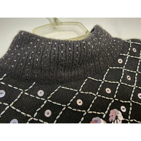 Size Medium Christina Lambswool Angora Black Beaded Turtleneck Sweater - Picture 4 of 5